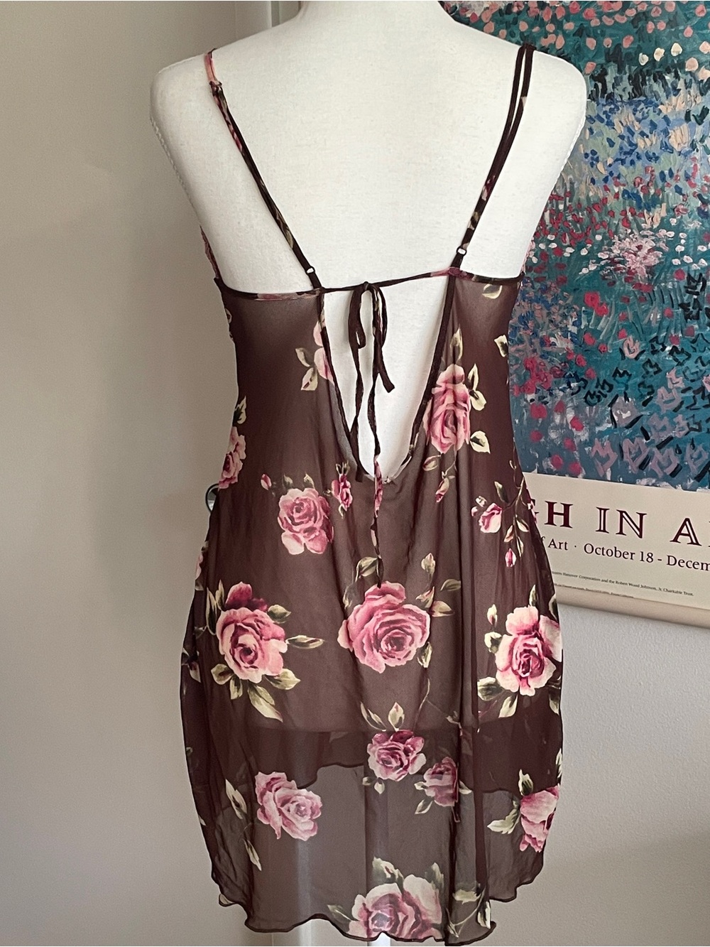 Y2K Floral Lace Coquette Fairy Slip Dress Medium Brown V-Neck Sheer Shabby Chic - Picture 6 of 9